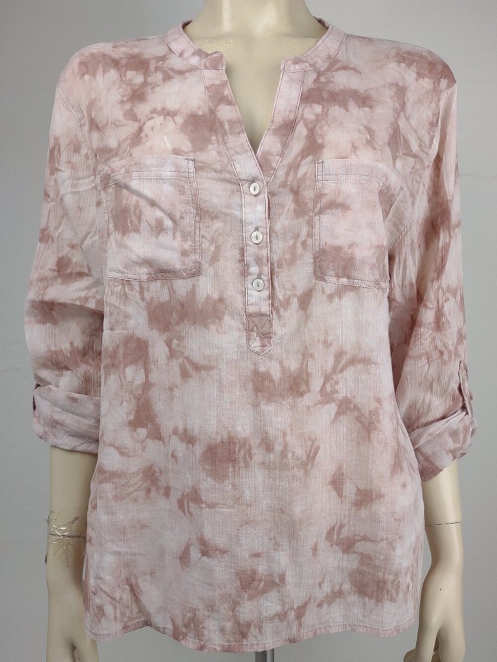 Carve Designs pink white tie dye V-Neck Henley top blouse ladies Large